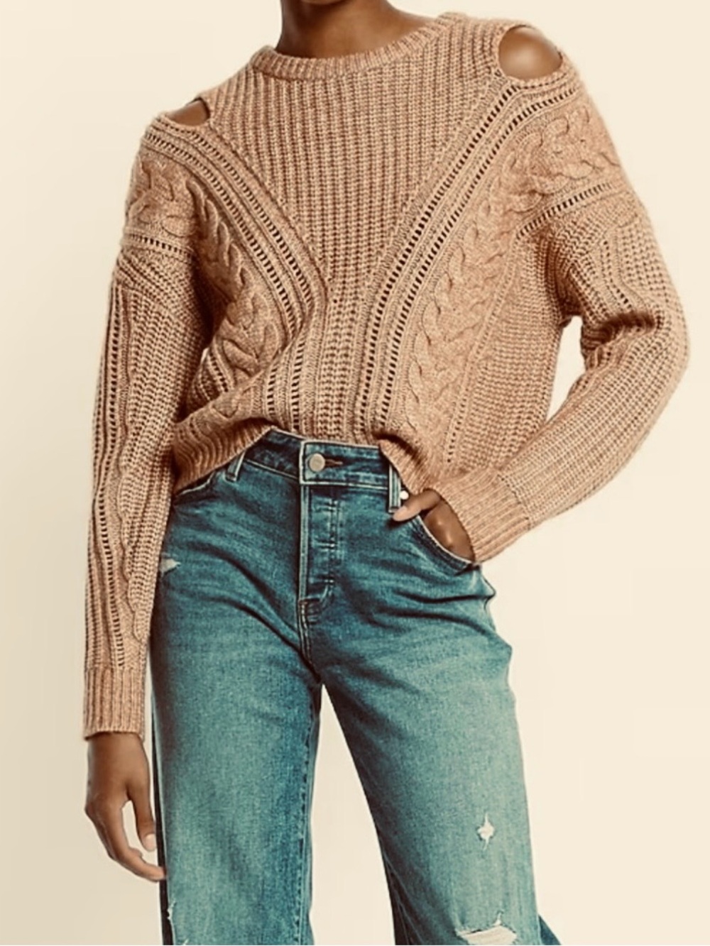 Express Tan Cable-Knit Cold-Shoulder Sweater